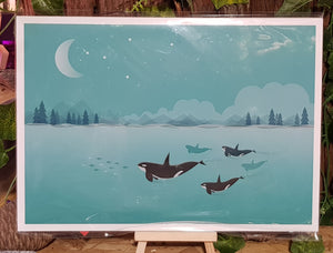 Pod of whales with cresent moon stars in night sky A4 print