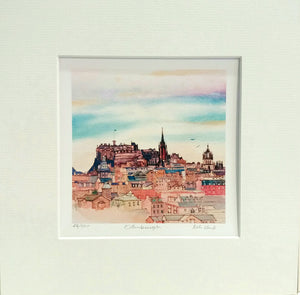 beautiful edinburgh skyline by keli clark. Limited edition of 550. Signed by artist. Mounted 205x205mm