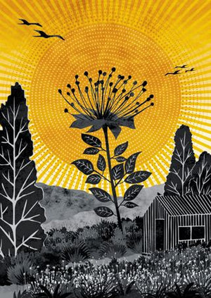 RUTH THORP PRINT SUNSET FLOWER. this has a shed with a flower in the sunset